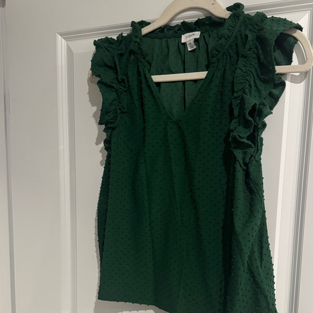 J. Crew Dark Green Textured Blouse with Ruffle Sleeves